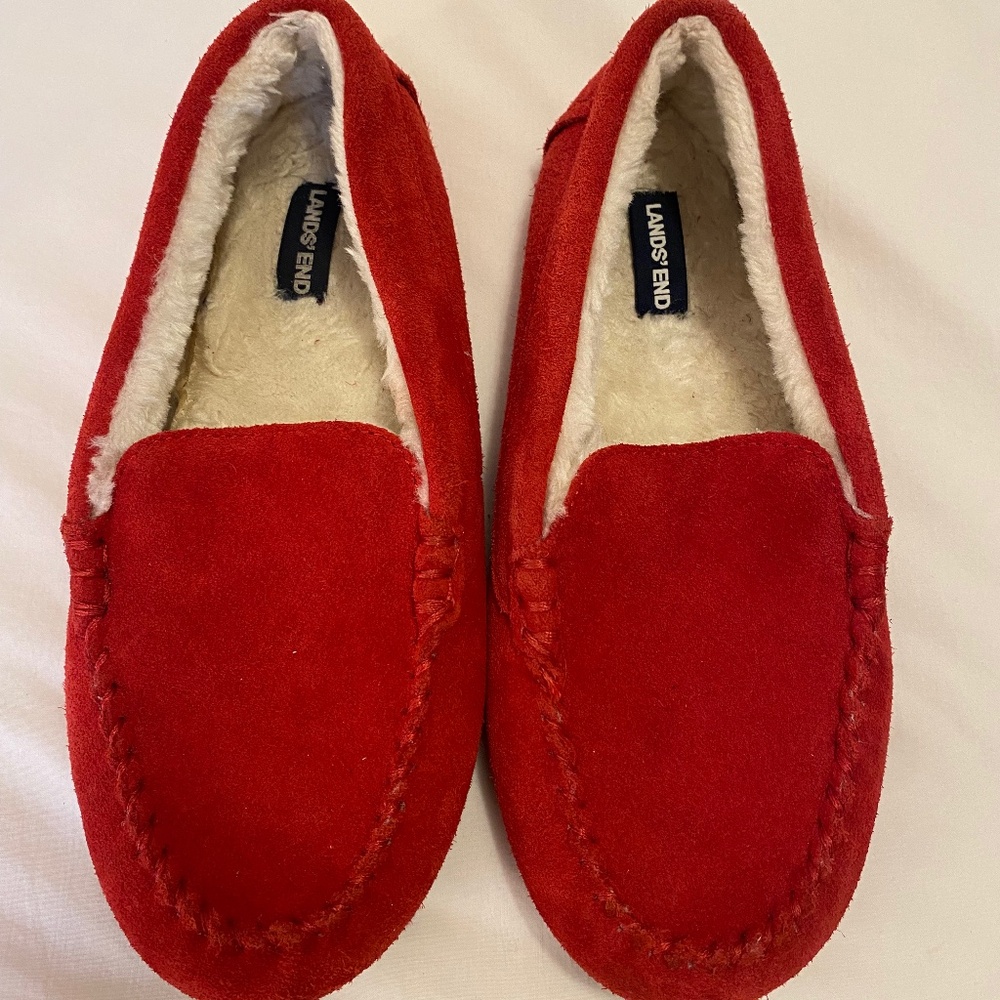 Boys Lands End Suede/Sheepskin Slippers Red Size 6